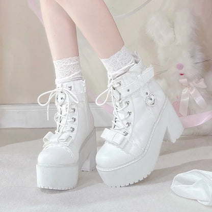 Japanese Mine Lolita Short Boots for Women Mass Production Love Rhinestone Buckle Bow Round Head Platform Boots Sweet Shoes