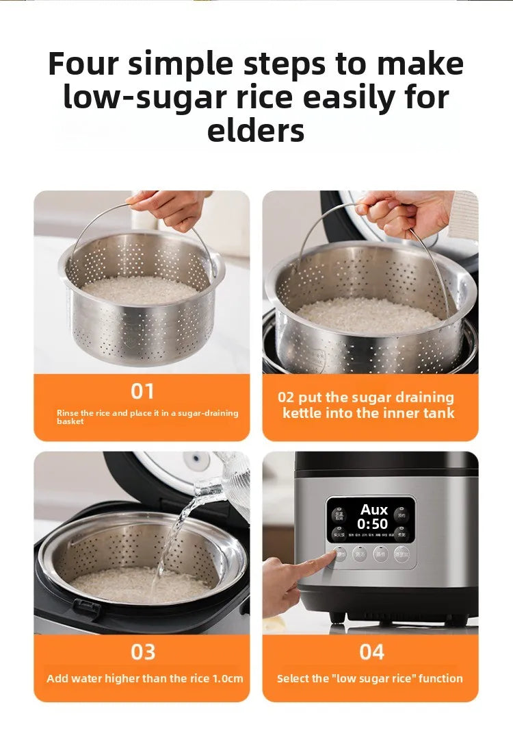 Low sugar rice cooker rice soup separation steaming 2-3L uncoated stainless steel rice cooker timer reservation