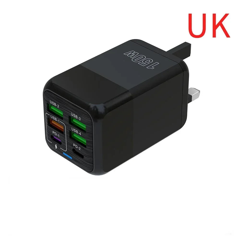 150W Multi Port USB Charger 6 Ports Fast Charge Phone Charger Wall Adapter For iPhone Samsung Xiaomi EU/US/UK Plug Quick Charger