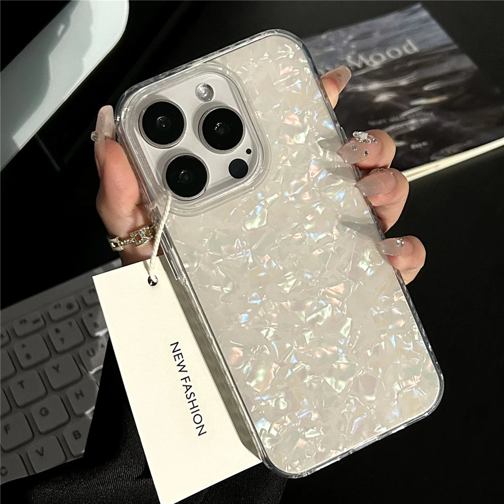 Luxury Glitter Shell Pattern Laser Case For iPhone 16 Pro Max 15 14 Plus 13 12 11 Aurora IMD Shockproof Protection Hard Cover