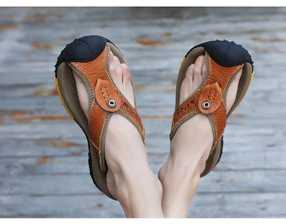 Genuine Cow Leather Shoes Men Sandals Mens Flip Flops Men's Casual Shoes Classic Massage Beach Slippers Anti-slip Summer 2025