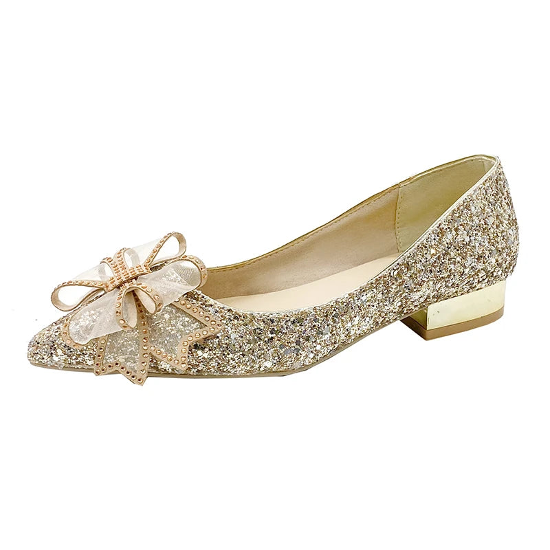 Crystal Butterfly-knot Flat Wedding Shoes Slip  Shoes Women Shiny Gold Silver Bridal Shoes Beaded  Flat Heels Med (3cm-5cm)