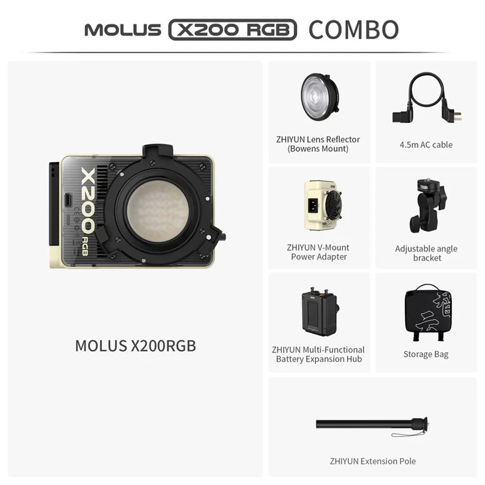 ZHIYUN MOLUS X200 RGB X200 Bi-color LED Video Light 200W High Brightness Adjustable Color Temp APP Control for Vlogging Filming