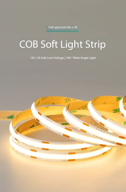 DC 12V 24V FOB COB Strip 320Leds/M High Density RA90 White 3000K 4000K 6000K IP21 Flexible Ribbon Rope LED Light