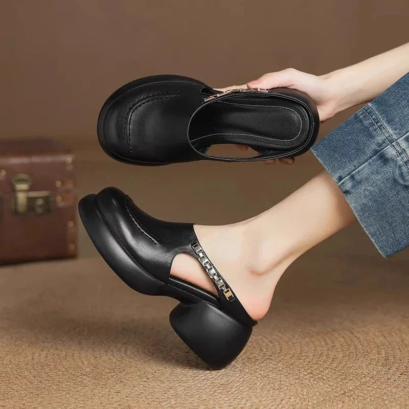 New Half-bang-head Slippers for Women 2025 Genuine Leather Platform Wedge-shaped Sneakers Pump Summer Fashion Women Casual Shoes