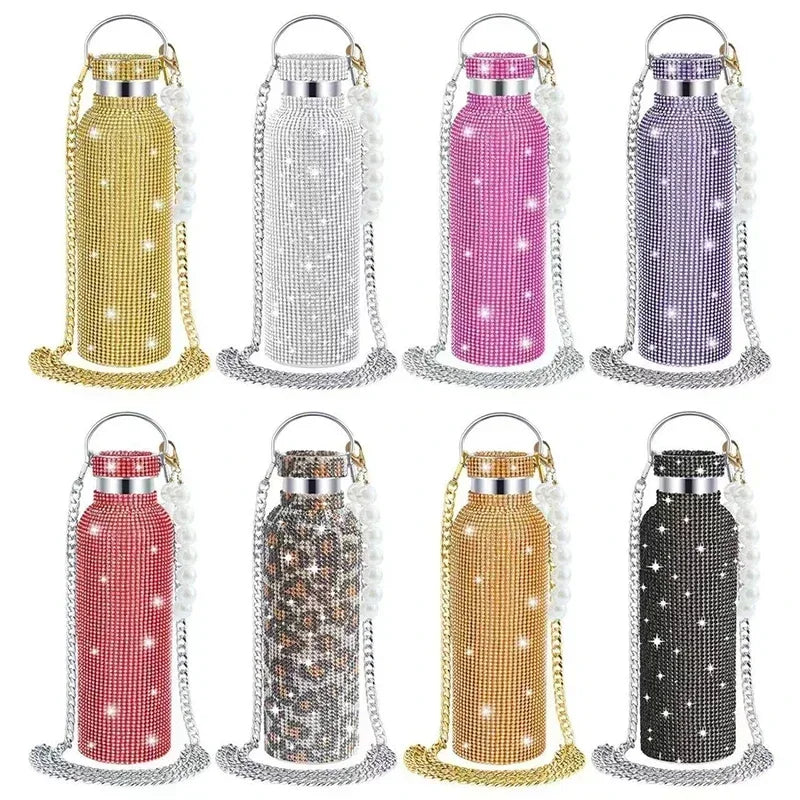 350/500/750/1000ml Luxury Rhinestone Thermos Bottle 2pcs Chain Portable Water Bottle Double Wall Stainless Steel Thermal Flask