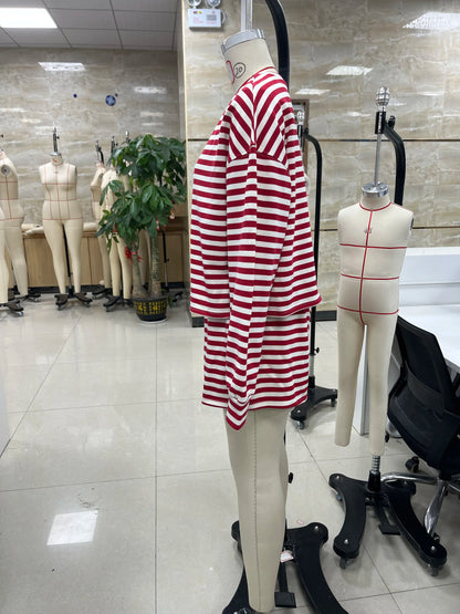Combhasaki Women 2Piece Striped Y2k Outfits Set Casual Long Sleeve Crew Neck Shirt Tops+Elastic Waist Wide Leg Shorts Tracksuits