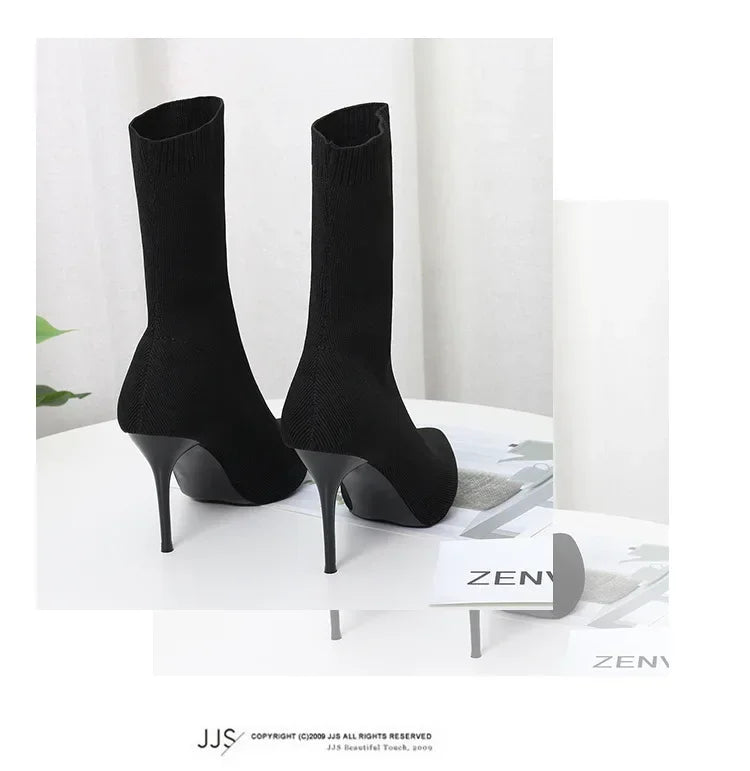 Comemore Knitting Stretch High Heels for Women Fashion Shoe 2025 Spring Autumn Ankle Boot Female Sexy Sock Boots Plus Size 34 42