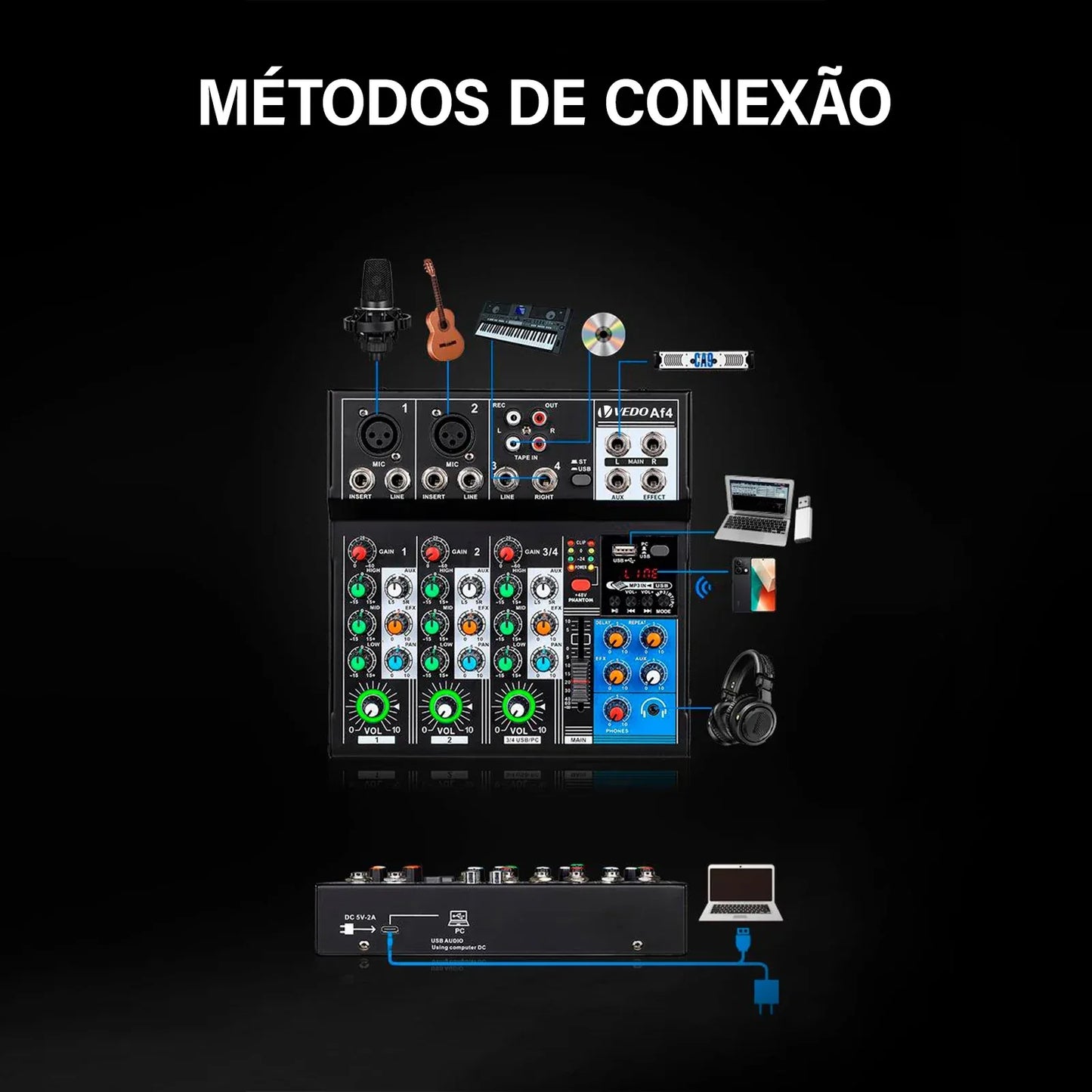 VEDO AF4 Mixer Analog Mixer Merged Digital Sound Card 4 Channels Personalized Function Settings Analog Mixing Console For Live
