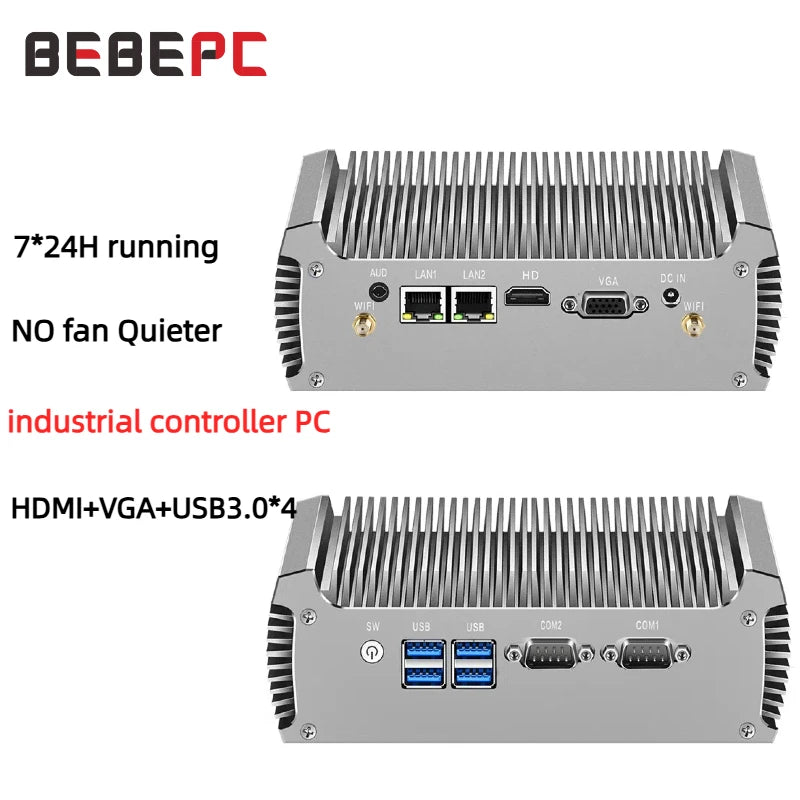 Fanless Industrial Mini PC Dual LAN 2*COM RS232 Core i5 5200U i3 5005U Celeron 2955U DDR3L WIFI Support Linux Ubuntu Computer
