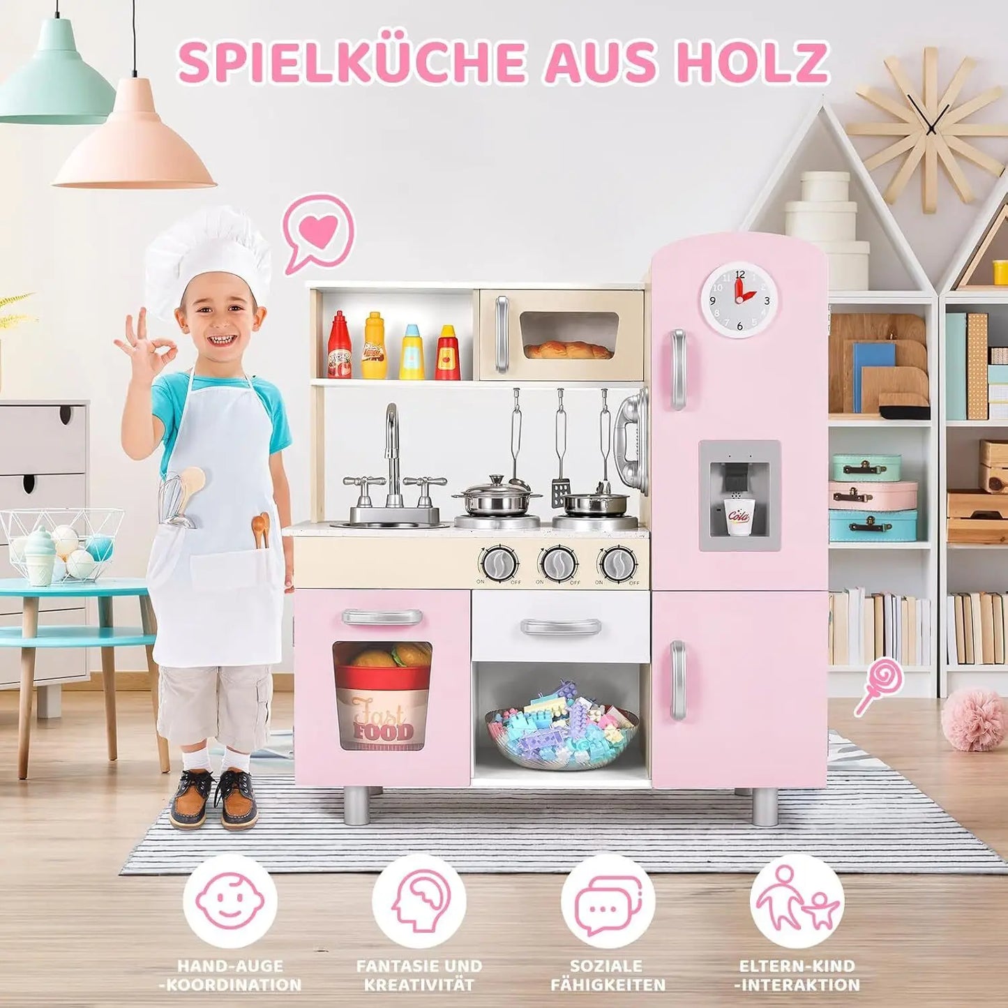Wooden Play Kitchen Set Pretend Play Kitchen with Lights and Sounds for Kids Ages 3+, Includes Stove Oven Microwave Coffee Maker