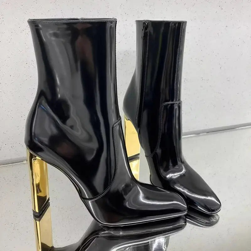 Pointed Toe Black Patent Leather Knee High Boots Zip Gold Heeled Sexy Women 2023 Winter New Tall Boot Luxury Designer Shoes