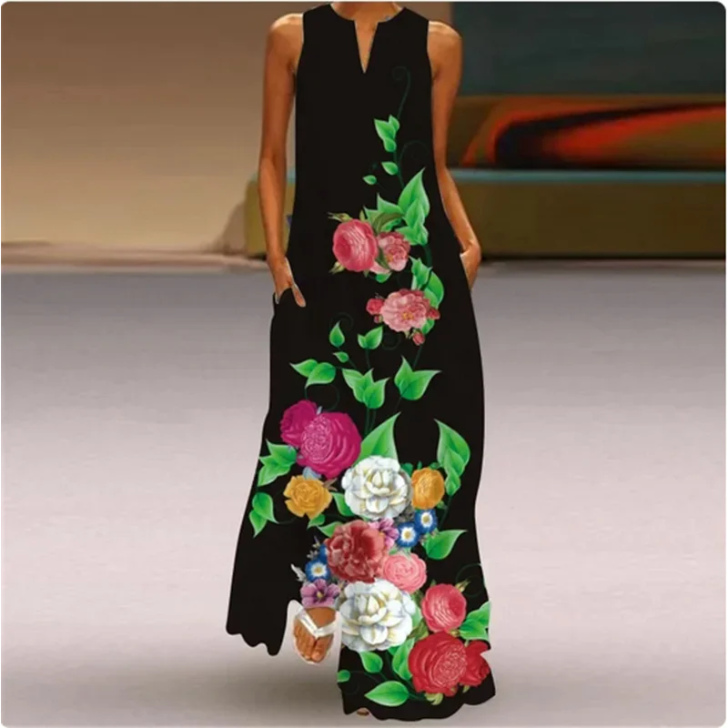 Sleeveless Feather Printed Dress Bohemian Vest Dresses Trendy Beach Casual Loose Robe Colorful Summer