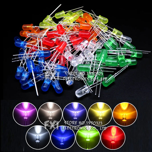 100PCS F5 LED Diode 5MM Assorted Kit White Green Red Blue Yellow Orange Pink Purple Warm White DIY kit Light Emitting Diode bxv by PDG ibma