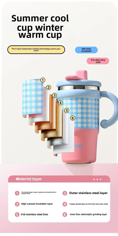 2025 New Girls Office 316 Stainless Steel Thermos Cup Household Handle Student Straw Cup Double Drink Bingba Cup  Coffee Mug