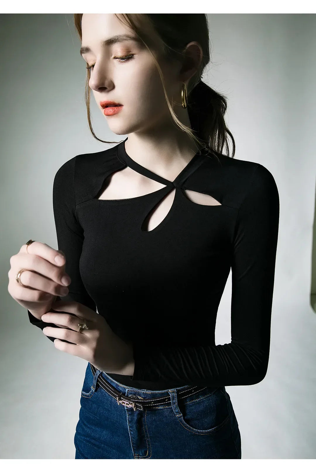 Spring Autumn Modal T-shirts Women Long Sleeve Irregular Collar Hollow Out Tees Shirts Female Base Tops
