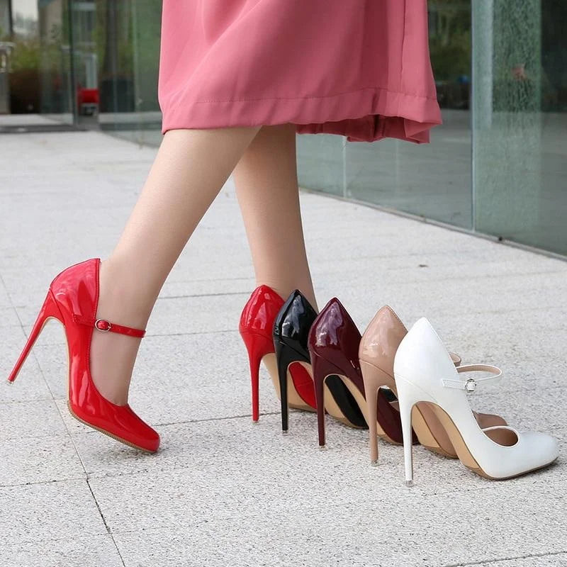 Women Patent Leather High Thin Heel Shoes Ankle Strap Women Pumps for Office Nightclub Party Wedding Cross Dressing Wide Shoes
