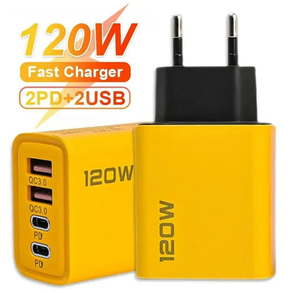 USB C Charger Total 120W 4-Port Fast Charger Mobile Phone USB Type C Charging Adapter EU/US/UK Plug For iPhone 17 Xiaomi Huawei