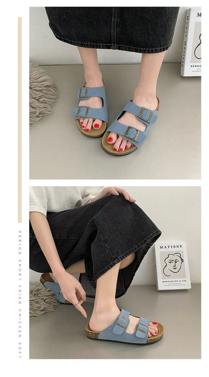 Shevalues Cork Sole Slippers For Women Men Classic Suede Summer Sandals With Arch Support Fashion Orthopedic Beach Cork Shoes