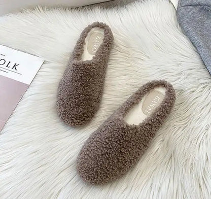 Big Size 43 Women Lambswool Slippers Winter Sheep Fur Shoes Ladies Flat Cotton Slides Home Pantuflas Daily Slip On Furry Mules