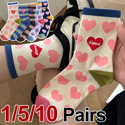 5 Pairs Dopamine Sweet Heart Striped Women Mid Tube Socks Fashionable Korean College Style Comfortable All Season Casual Socks