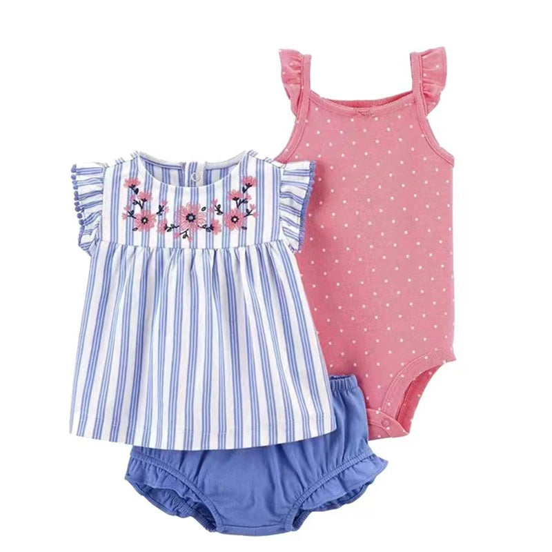 Newborn Baby Girl Clothes Set Summer Fashion Flower Cotton Infant Outfits Short Sleeved Bodysuit Shorts 3Pcs Toddler Clothing