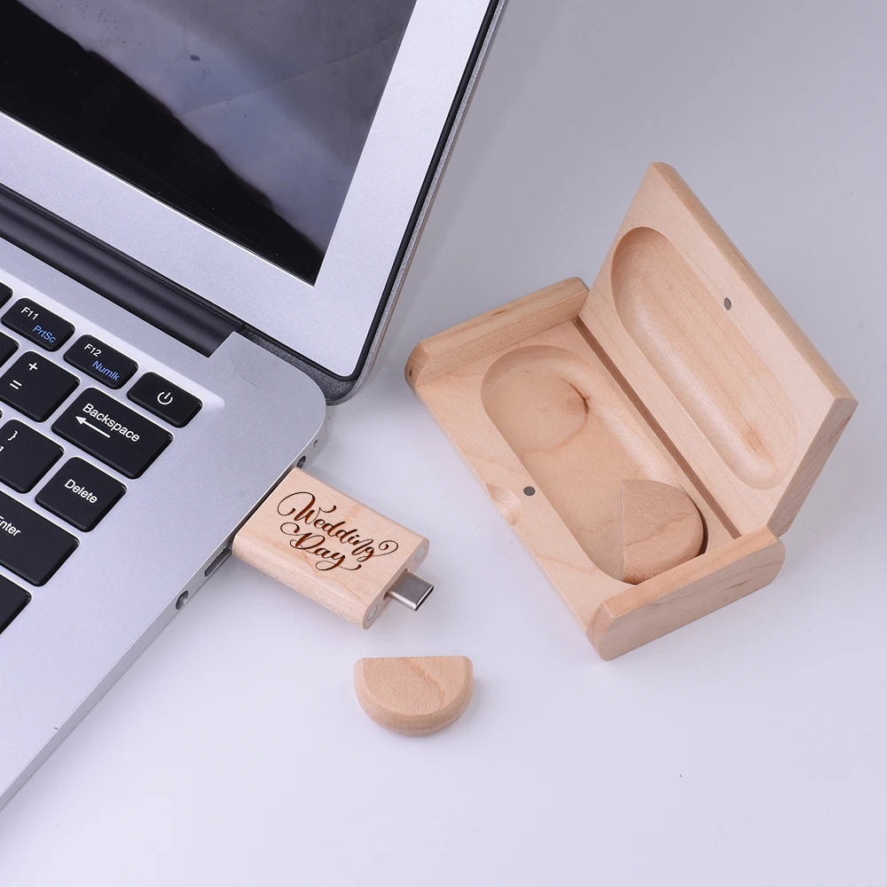2 IN 1 TYPE-C USB 3.0 Flash Drive 128GB Free Custom Logo Pen Drive 64GB Wooden Pendant Memory Stick 32GB Creative Wedding Gift