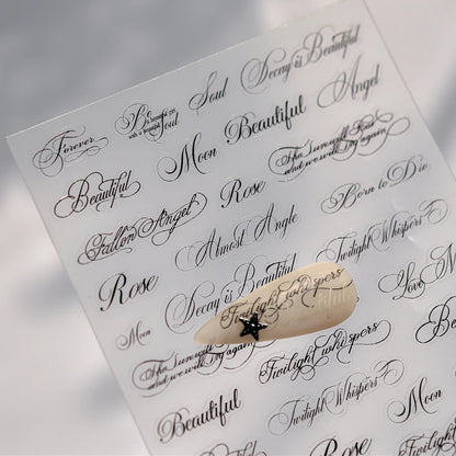 Black Script Calligraphy Words 5D Nail Art Sticker Vintage Cool Dark Gothic Style Embossed Black Lettering Nail Decals Manicure