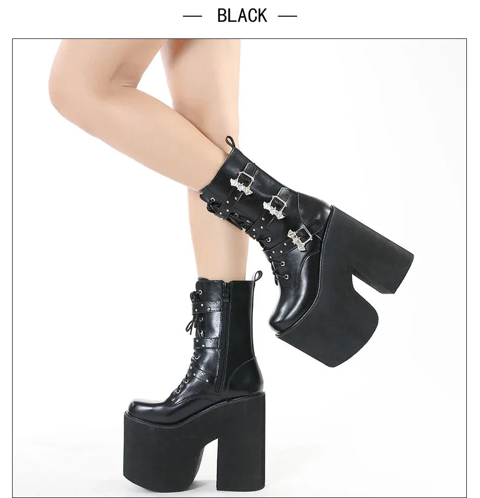 Gdgydh Lace up Chunky Heel Mid Calf Booties for Women Block High Heel Platform Combat Boots Gothic Metal Bat Gothic Shoes