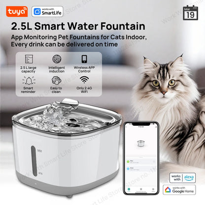 Cat Water Fountain, 2.5L/84oz Tuya Smart App Pet Water Fountain,Automatic Water Dispenser for Cats Inside with SUS304 Bowl
