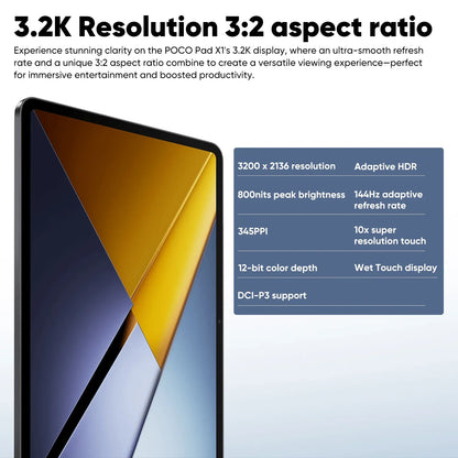 Global Version POCO Pad X1 Tablets Snapdragon 7+ Gen 3 11.2'' 144Hz Display 13MP 8850mAh 45W Turbo Charging 8GB 512GB Wi-Fi