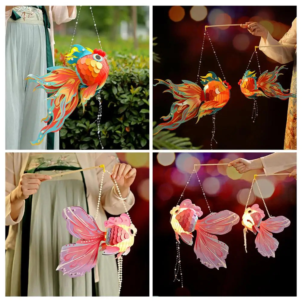 1 Set Goldfish Paper Lantern with Pole DIY Handmade Lantern Chinese New Year Mid-Autumn Festival Fish Night Light Material Bag