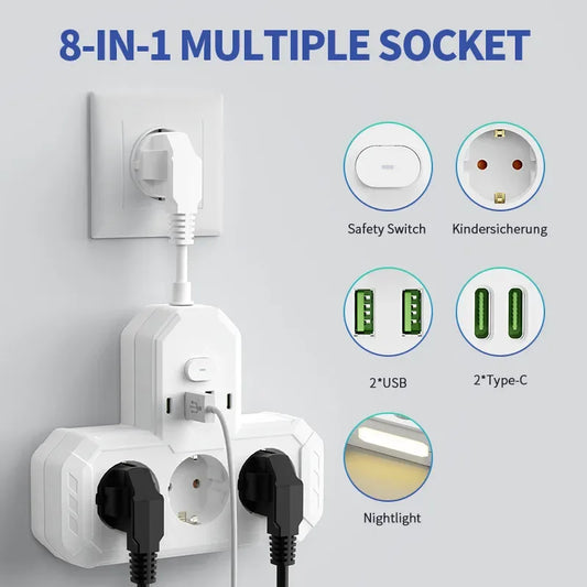 EU AC Plug Power Strip Wall Mounted 2 USB 2Type-C Switch Multitap Socket Network Filter With USB Charging Network Filter Adapter