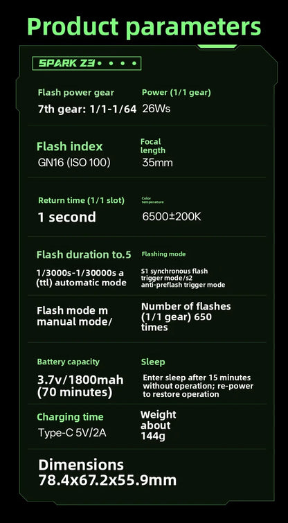 VILTROX Spark Z3 Mini Rechargeable Camera Flash Light Speedlite with Diffuser for Fuji Z3-F/NIKON Z3-N/Canon Z3-C/Sony Z3-S