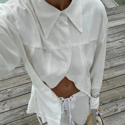 INS Loose Tracksuit Elegant Women Trousres Set Y2K Outfits Long Sleeve Irregular Blouse Top Lace Up Wide Leg Pants Two Piece Set