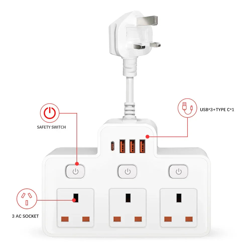 UK Plug AC Power Strip Wall Mounted Independent Switch Socket European Standard Plug With USB C Ports Charging Network Filter