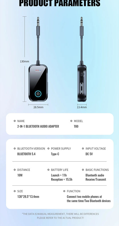 2 in 1 Bluetooth 5.4 Receiver Transmitter 3.5mm AUX Jack Airplane USB Dongle Wireless Audio Adapter For TV PC Speaker Car kit