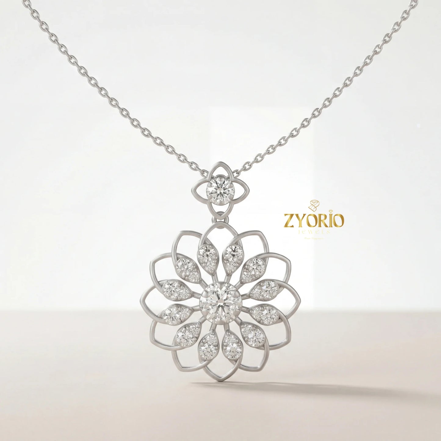 Women's Luxury Gold Floral Bloom Diamond Pendant Sterling Silver Gold Plated Chain Sparkling Wedding Jewelry