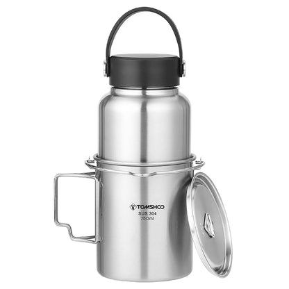 TOMSHOO 1.05L Stainless Steel Water Bottle Leak Proof Sports Bottle W 750ml Water Cup Coffee Mug Hanging Pot for Outdoor Camping