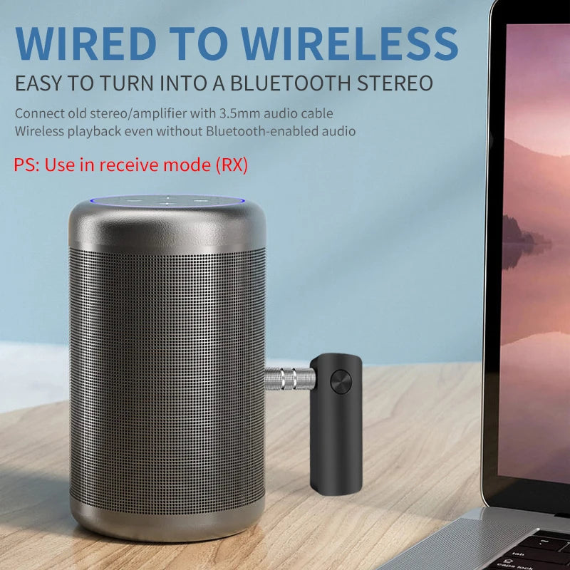 2-In-1 Wireless Audio Adapter Bluetooth 5.3 Receiver Transmitter 3.5mm Jack AUX Lossless Sound MIC For Car Speaker TV PC