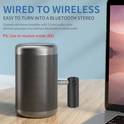 2-In-1 Wireless Audio Adapter Bluetooth 5.3 Receiver Transmitter 3.5mm Jack AUX Lossless Sound MIC For Car Speaker TV PC