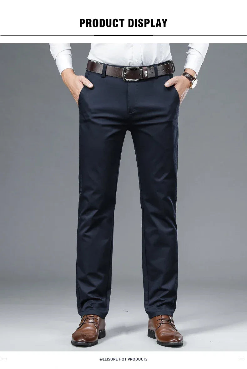 Autumn Classic Style Men's Beige Business Straight Casual Pants Stretch Cotton High Waist Solid Brand Trousers Khaki Green Black