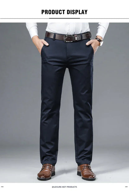 Autumn Classic Style Men's Beige Business Straight Casual Pants Stretch Cotton High Waist Solid Brand Trousers Khaki Green Black