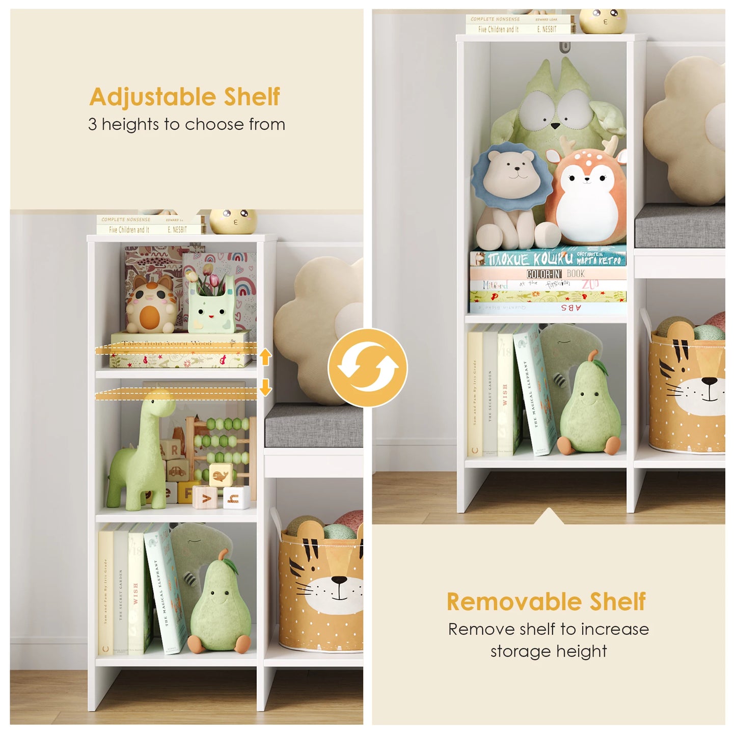 Child Rack 110 cm toys Shelf CHILDREN'S room with Pillow and 6 Shelves Child Seat Bench toys storage for Kids