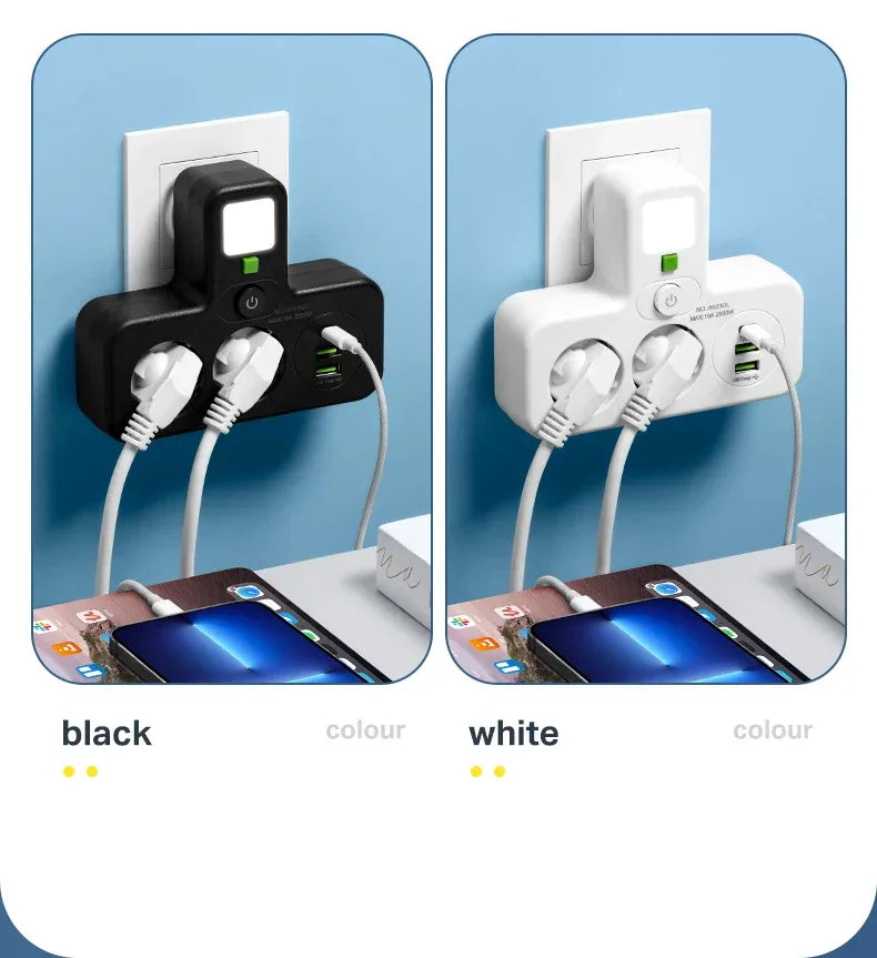 1pc EU power board, switch power plug, with independent night light switch, 3 AC sockets, suitable for home and office use