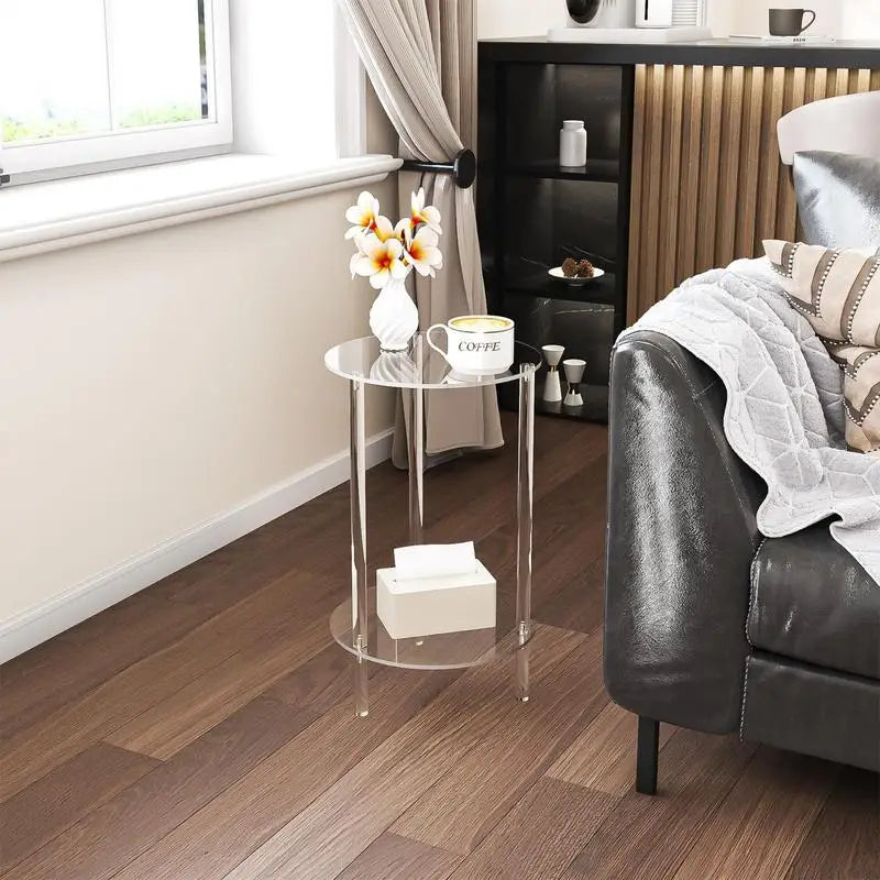 Table d'appoint ronde moderne en acrylique, idéale pour les petits espaces. Petite table d'appoint ronde transparente pour la décoration du salon et de la chambre.
