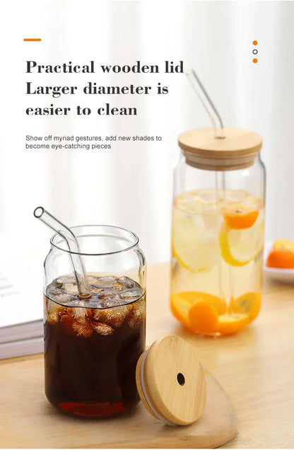 Glass Cup With Straw and Bamboo Lid Transparent Bubble Tea Cup Cold Drinking Glasses Iced Coffee Mug Beer Can Juice Milk Cup
