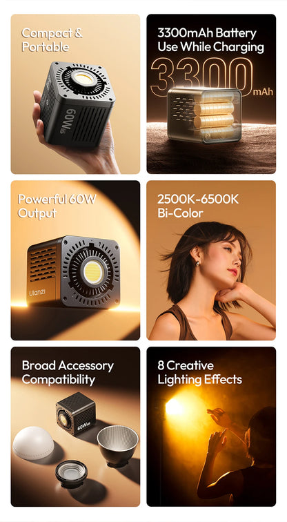 Ulanzi C60 60W COB Video Light Bi-Color Led Light 2500-6500K 3300mAh Mini Bowens Mount for Photography Studio Lighting Live Vlog