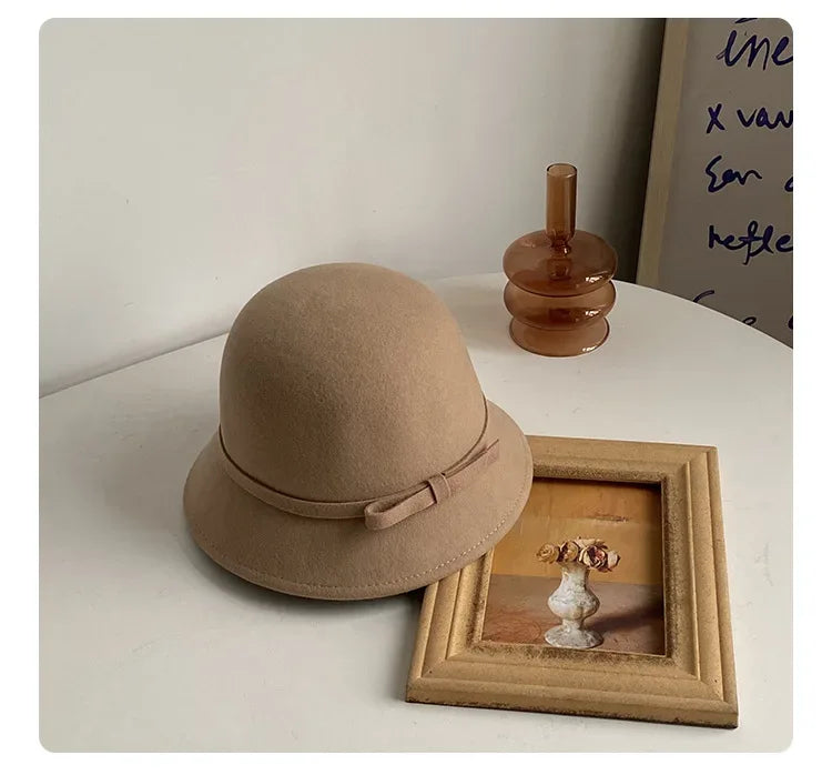 2024 Autumn Spring Fedoras Women Hat Elegant Vintage Bowknot Wool Ladies Hat Dome Felt Wedding Church Jazz Cap Female Bow Bowler