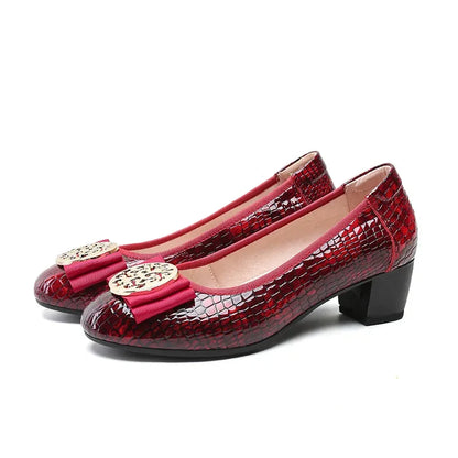 Spring and Autumn Boat Shoes Genuine Leather Soft Sole Mid-Heel Shoes Bow Heels Ladies Women Womens Round Toe Slip-on Women's 42